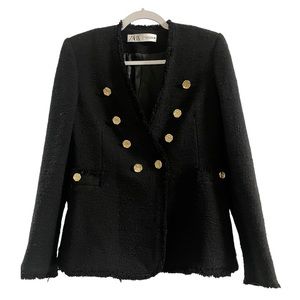 ZARA Black Tweed Blazer Jacket Gold
Buttons Double Breasted Blogger Fav M